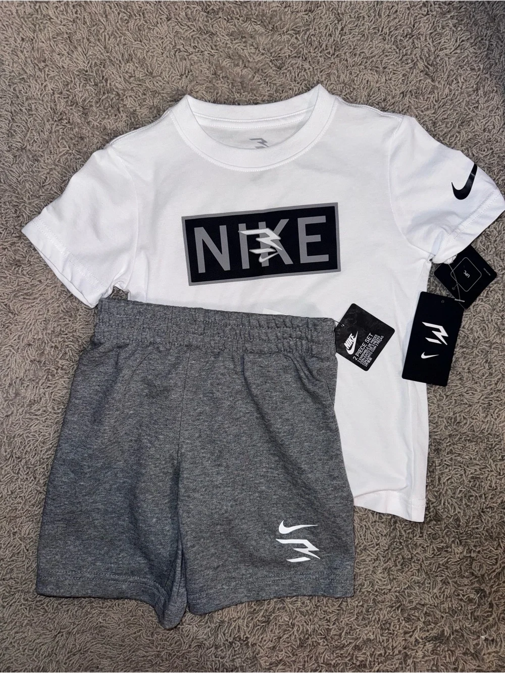 Nike White Logo Tee with Gray Athletic Shorts Set